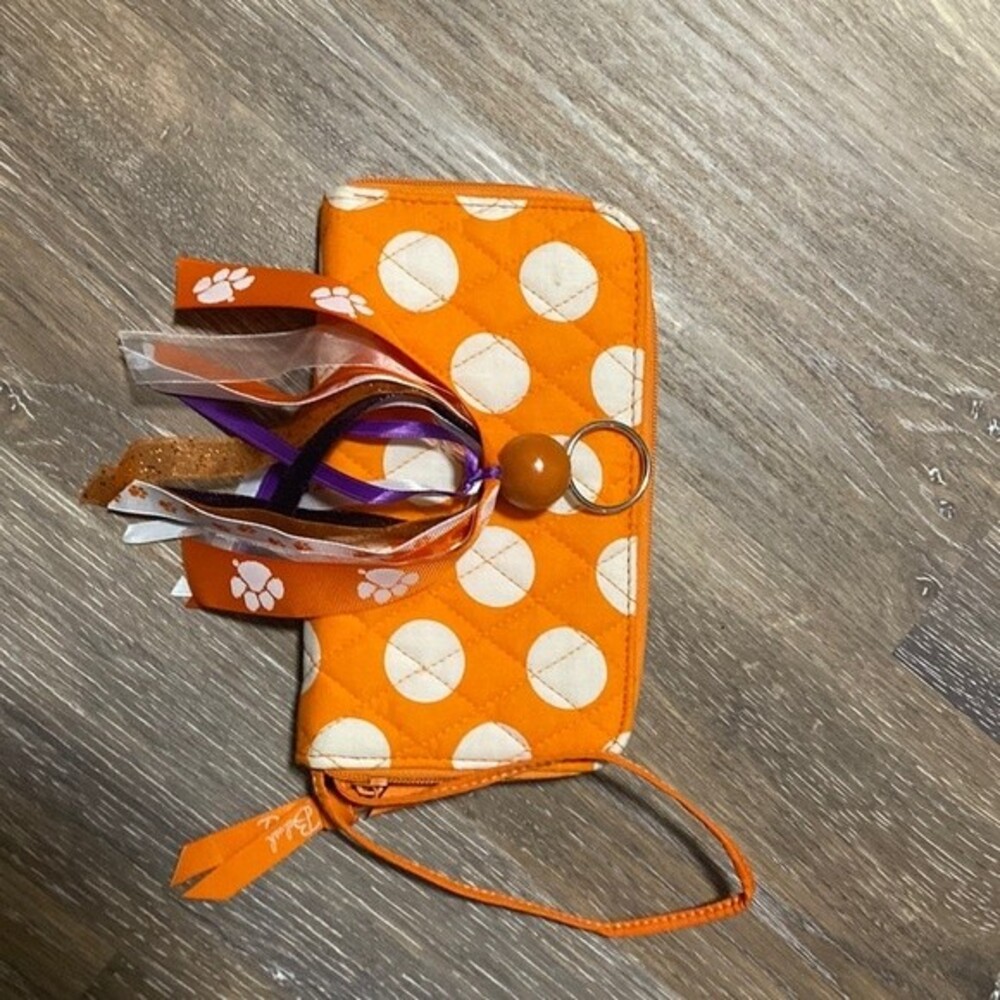 E99 Orange polka dot wallet/wristlet & Clemson keychain Combo New!
